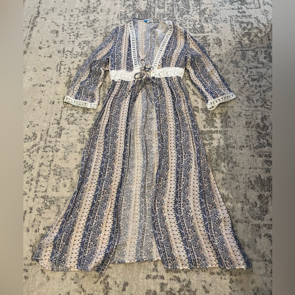 Boho y2k full length duster floral crochet duster